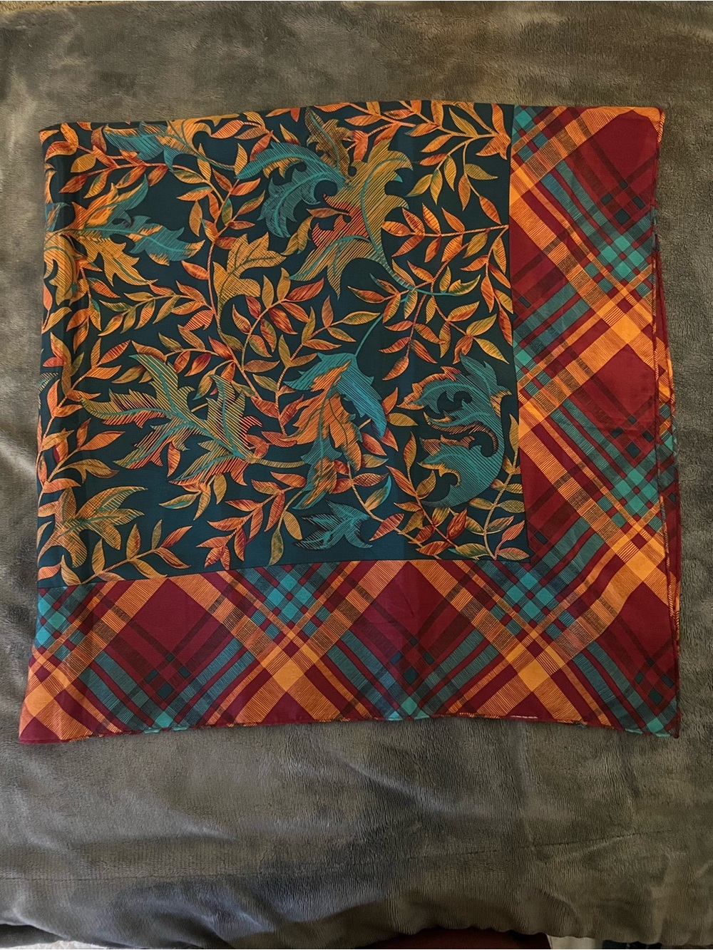 Silk Vintage Accompli Fall Colors Teal and Rust Floral Leaves Plaid Scarf Pretty